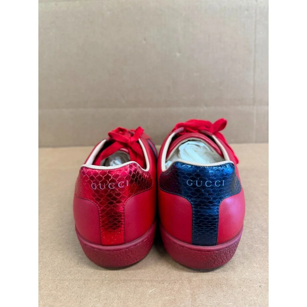 Gucci Ace Embroidered Bee Leather Low Top Sneakers Red Navy Mens Size 10 US